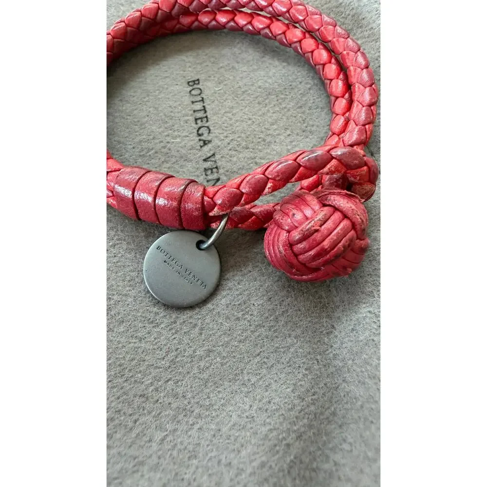 Authentic Bottega Veneta Mens Intrecciato Double Bracelet Red Lambskin Gunmetal